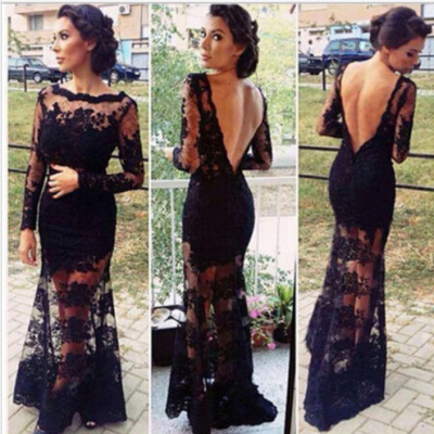 Long Sleeves Prom Dress,Lace Prom Dress Backless Prom Dress Mermaid Prom Dress L182