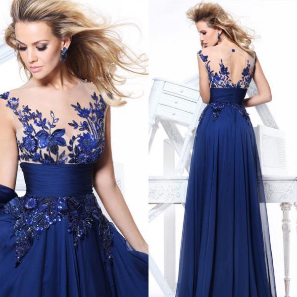 Royal Blue Chiffon Illusion Evening Gown Embellished With Embroidery